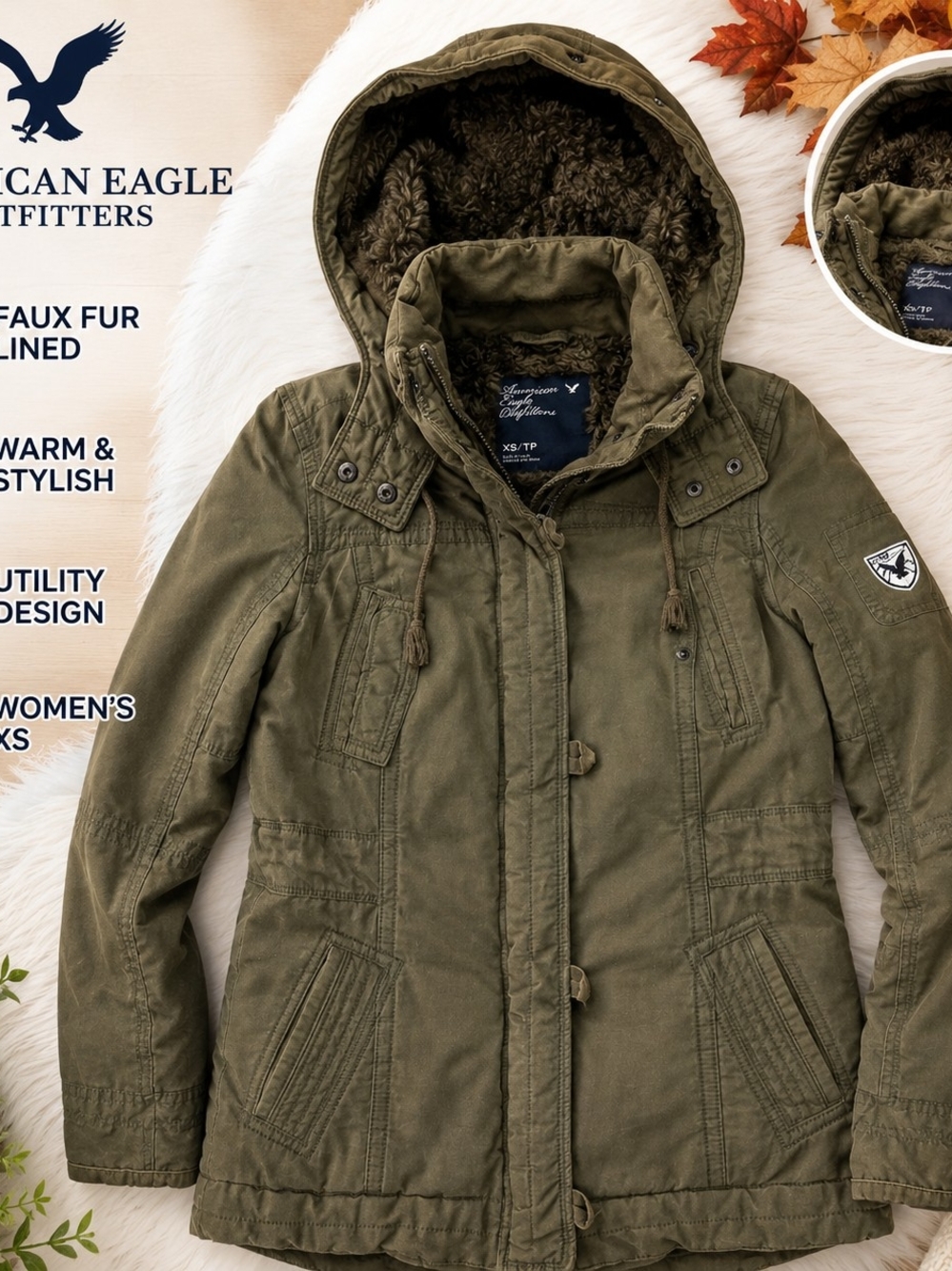 American Eagle Womens XS Olive Green Faux Fur Lined Hooded Utility Parka Jacket